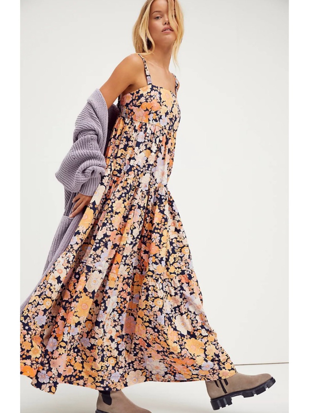 Floral Tiered Maxi Dress in Navy and Peach